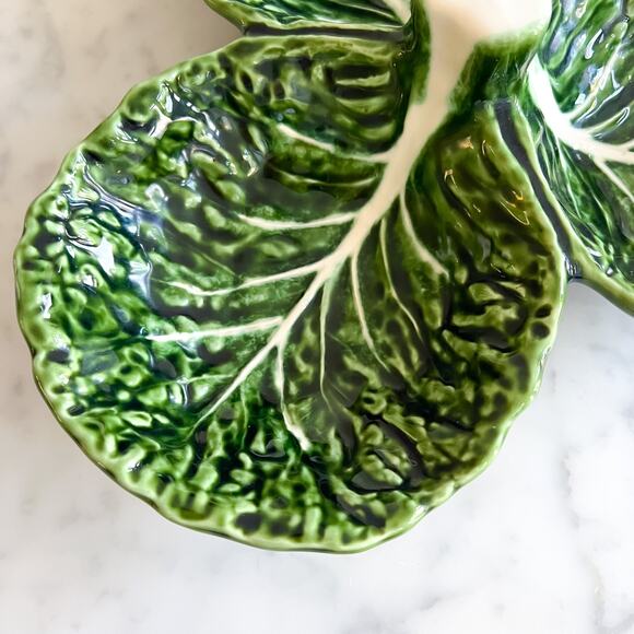 Large 12in Olfaire Three Leaf Cabbage Dish Nut Dish Tapas Serving Portugal - Picture 3 of 8